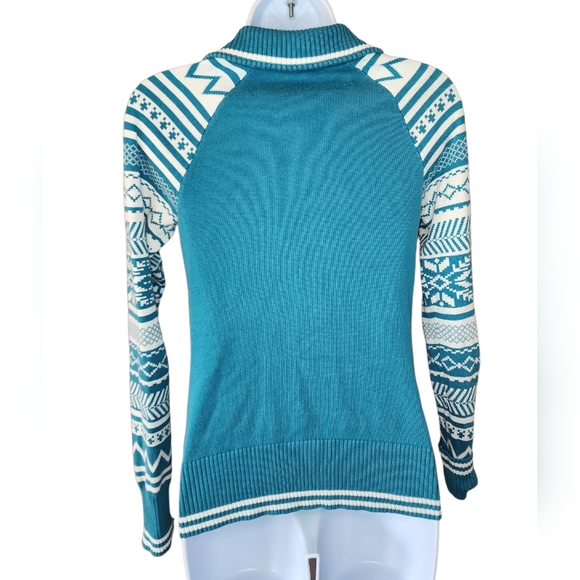 Athleta Vintage Doubleway Zip-Up Teal White Snowflake Sweater - Picture 3 of 8